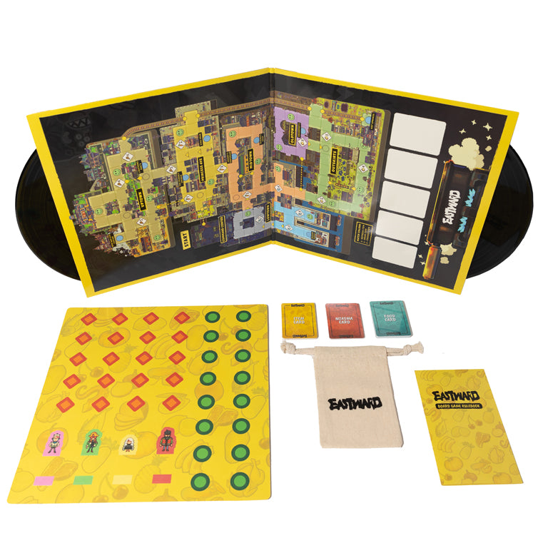 Eastward 2xLP Vinyl Soundtrack (Limited Edition Board Game) Open  Game Board Jacket, Game Token and Character Piece Sheet, Game Cards, Game Pouch, and Game Manual