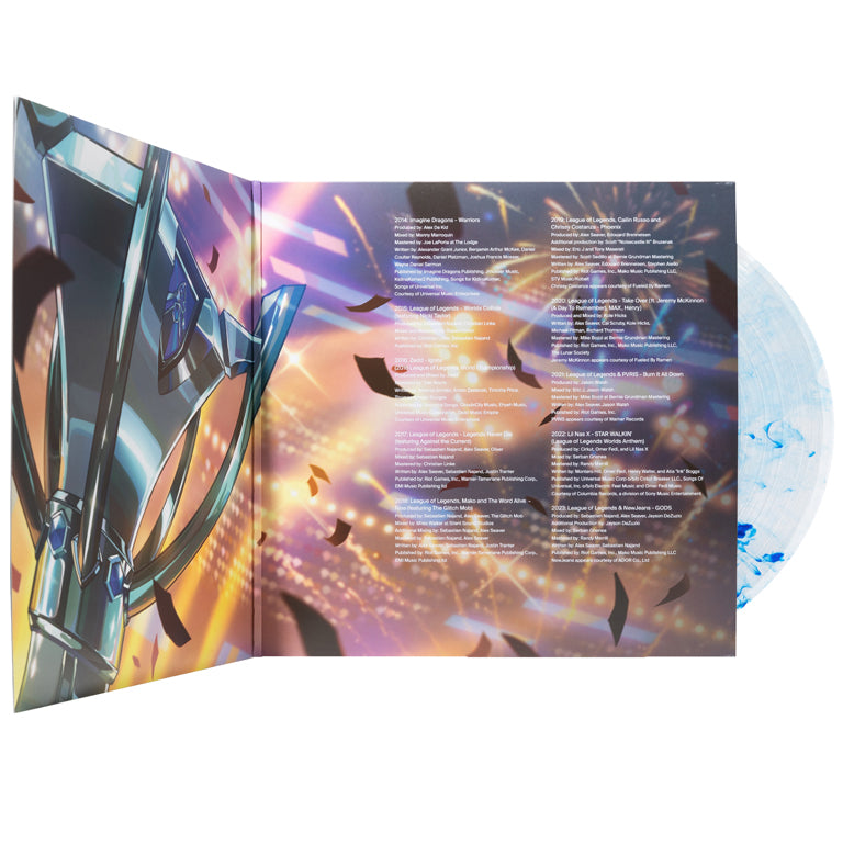 League of Legends Worlds Anthems Vol 1: 2014-2023 1xLP Clear with Worlds Blue Smoke (iam8bit exclusive) Open Jacket with Disc