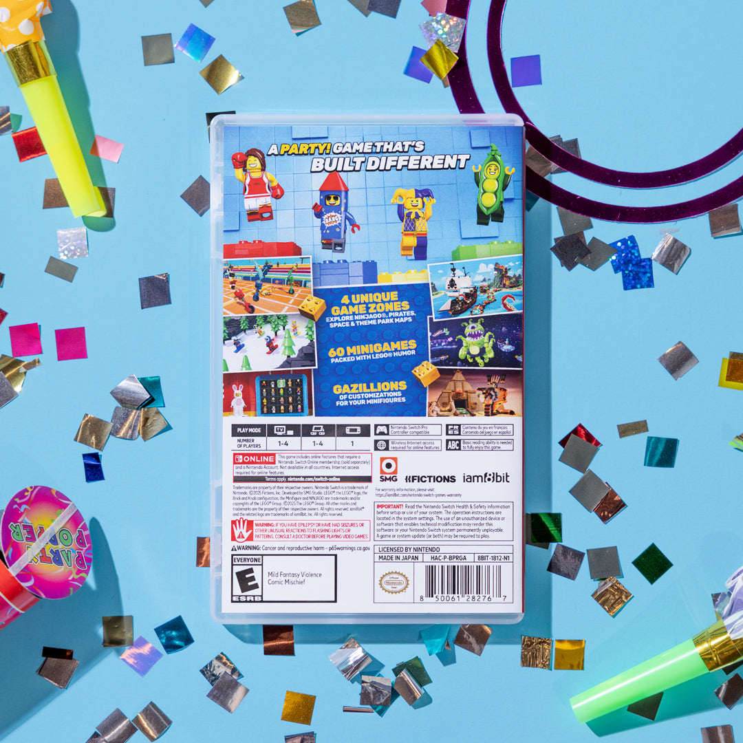 Lego Party Back packaging with colorful confetti on a blue background