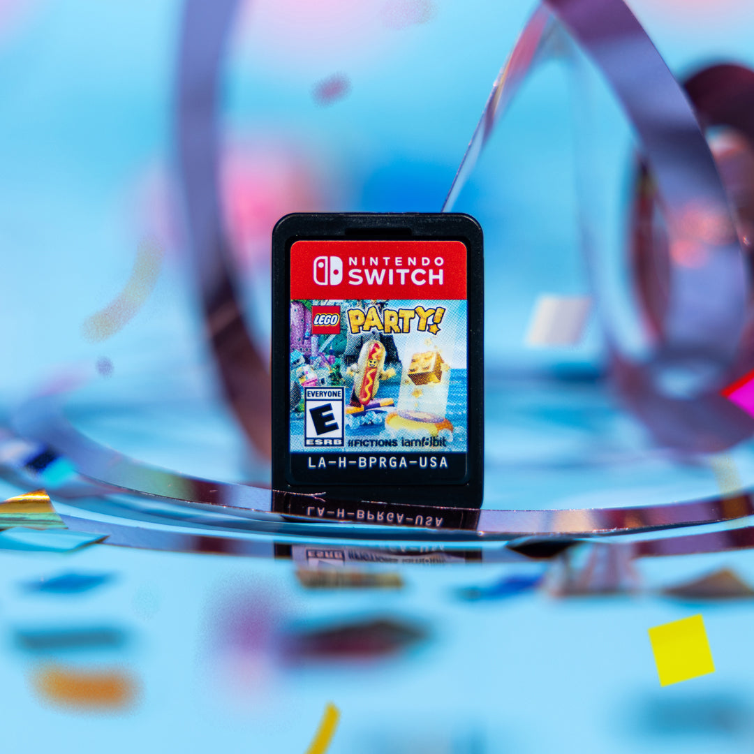 Nintendo Switch game cartridge for 'LEGO Party!' on a colorful, abstract background