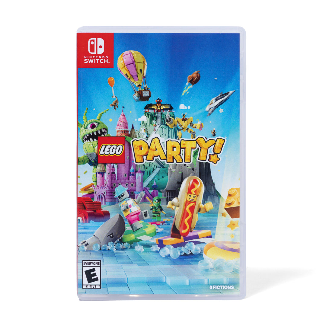 Lego Party Nintendo Switch game cover for 'LEGO Party!' with colorful characters and a castle on a blue background.