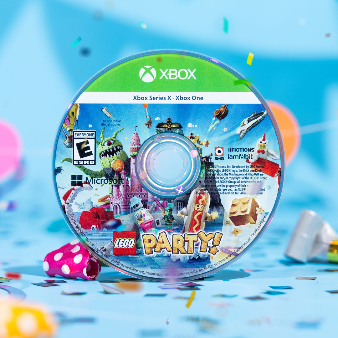 Game disc for 'LEGO Party!' on Xbox with colorful confetti and balloons in the background