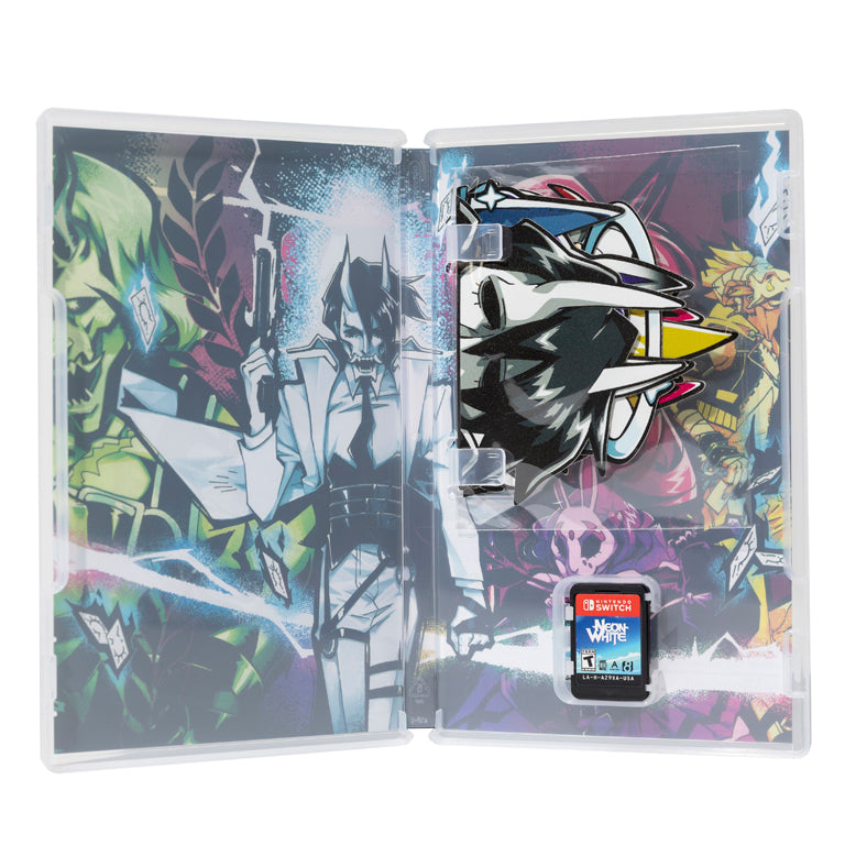 Neon White Nintendo Switch Case (open), Peeker Stickers, and Nintendo Switch Cartridge
