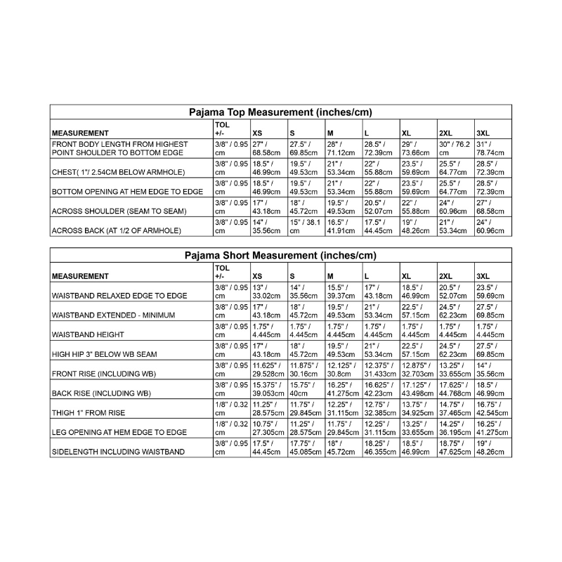 Remedy 30 PJ size chart