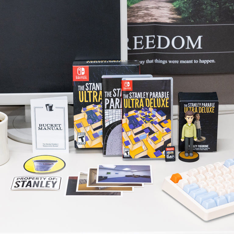The Stanley Parable: Ultra Deluxe (iam8bit Collector's Edition) NSW with Bucket Sticker, Stanley Sticker, Stanley Figure, Bucket Manual, Art Cards, and Cartridge