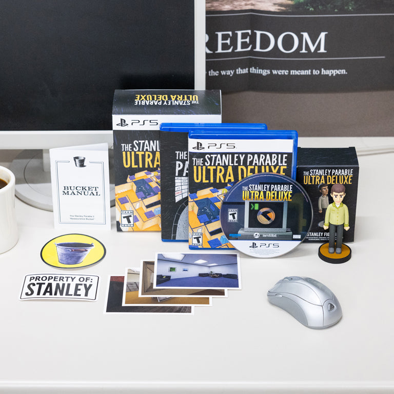 The Stanley Parable: Ultra Deluxe (iam8bit Collector's Edition) PS5 with Bucket Sticker, Stanley Sticker, Stanley Figure, Bucket Manual, Art Cards, and Disc