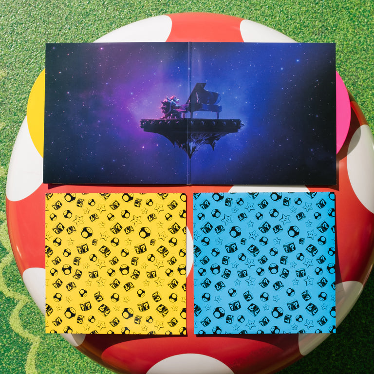 The Super Mario Bros. Movie 2xLP - Pink and Yellow (iam8bit Exclusive) - Open Jacket Display With Discs and Sleeves