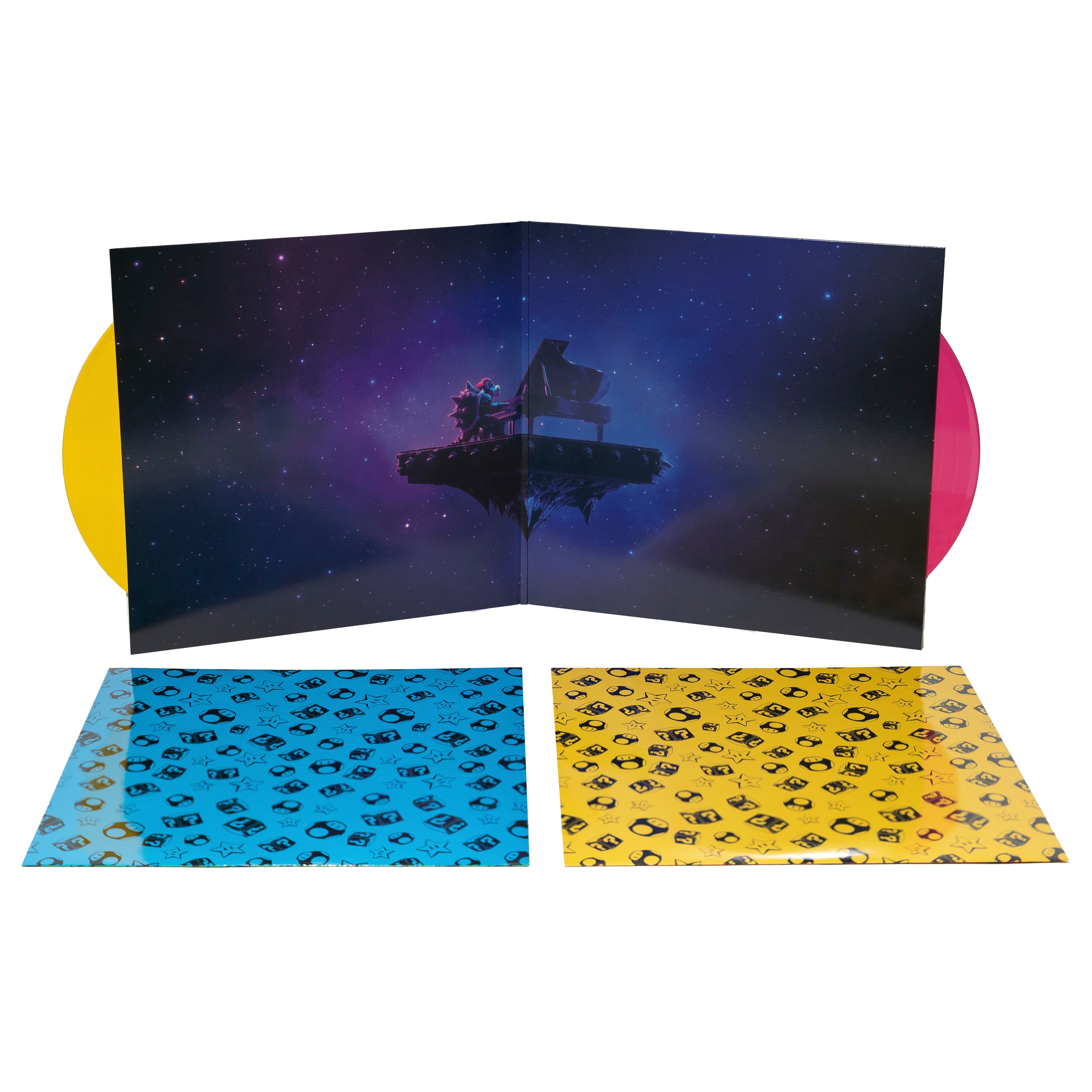 The Super Mario Bros. Movie 2xLP - Pink and Yellow (iam8bit Exclusive) - Open Jacket Display With Discs and Sleeves