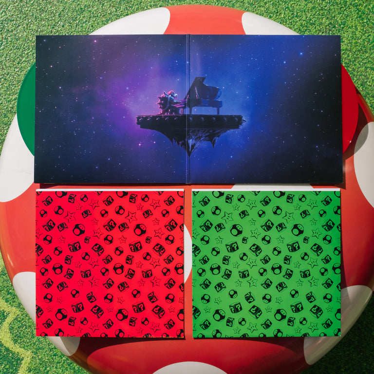 The Super Mario Bros. Movie 2xLP - Red and Green - Open Jacket Display With Discs and Sleeves