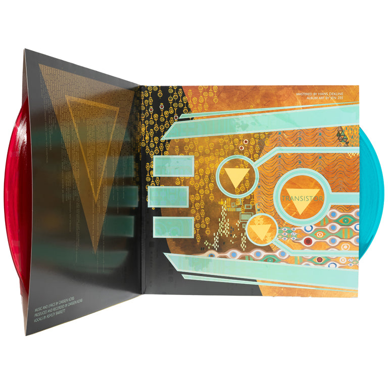 Transistor: Original Soundtrack 2xLP - iam8bit Exclusive Edition - 2xLP on Red & Teal Vinyl  - Inside of Gatefold
