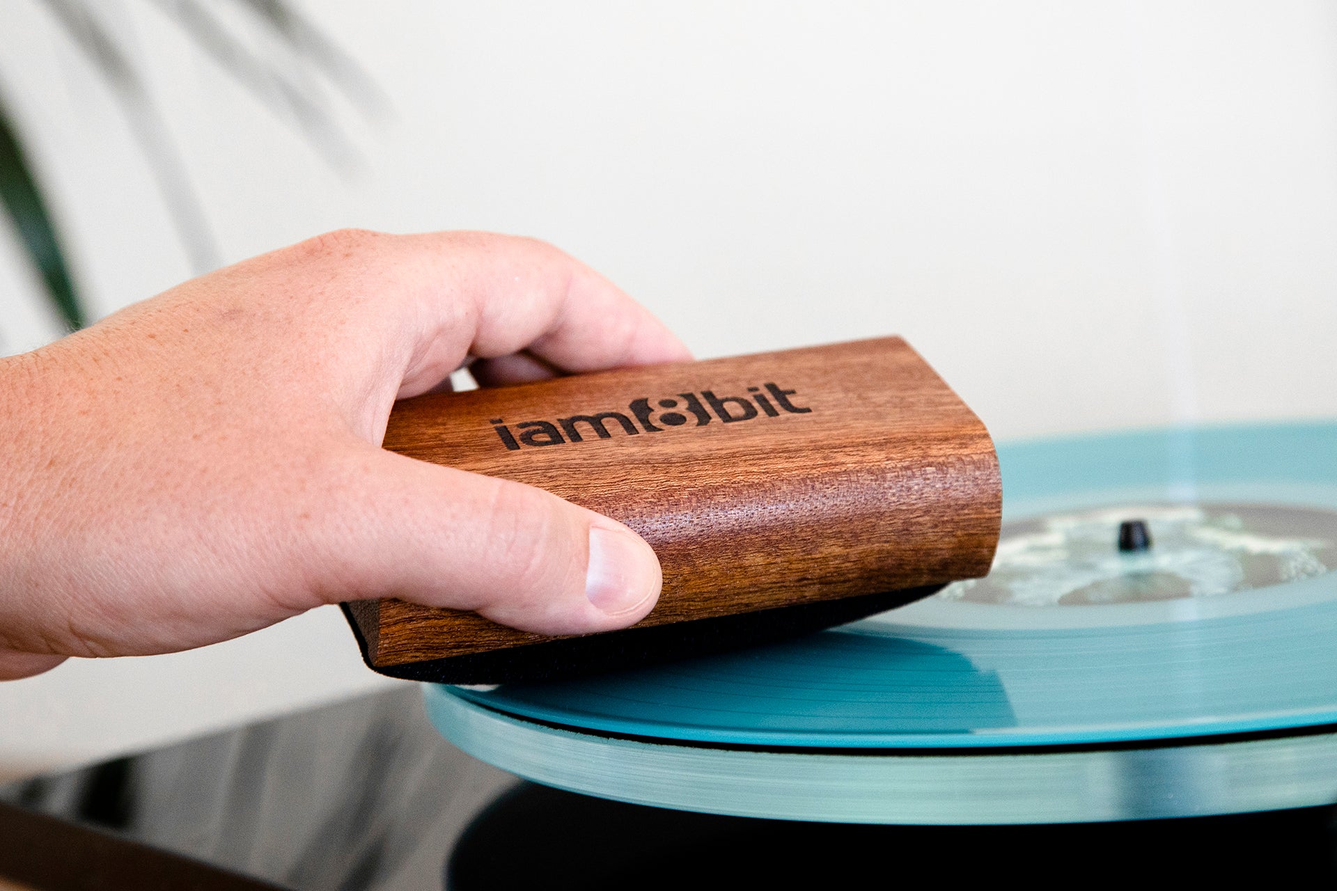 iam8bit Vinyl Record Cleaning Kit - mahogany wood handle with microfiber pad