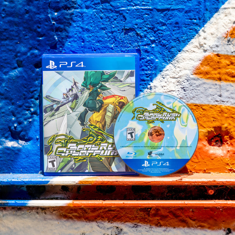 Disc of Bomb Rush Cyberfunk (PlayStation 5 Exclusive Edition) in front of box case for Disc of Bomb Rush Cyberfunk (PlayStation 4 Exclusive Edition)