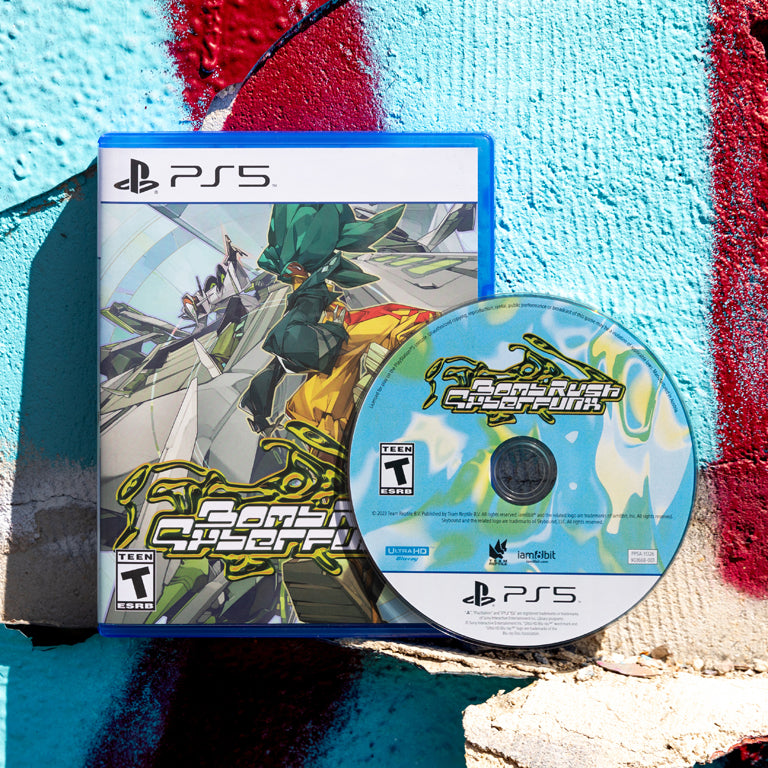 Disc of Bomb Rush Cyberfunk (PlayStation 5 Exclusive Edition) in front of box case for Disc of Bomb Rush Cyberfunk (PlayStation 5 Exclusive Edition)