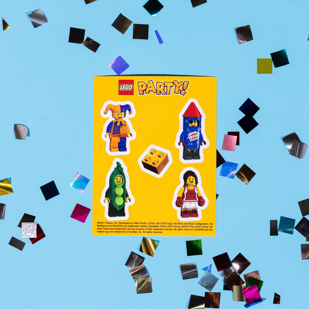 LEGO Party stickers on a yellow card with confetti on a blue background