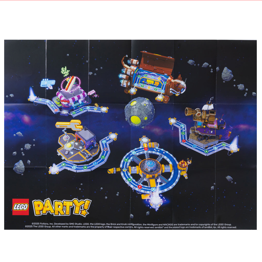 LEGO Party display with various models on a space-themed background poster