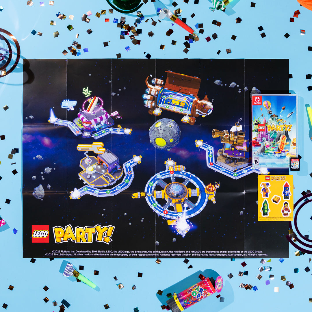 LEGO Party Lifestyle display with various models on a space-themed background poster