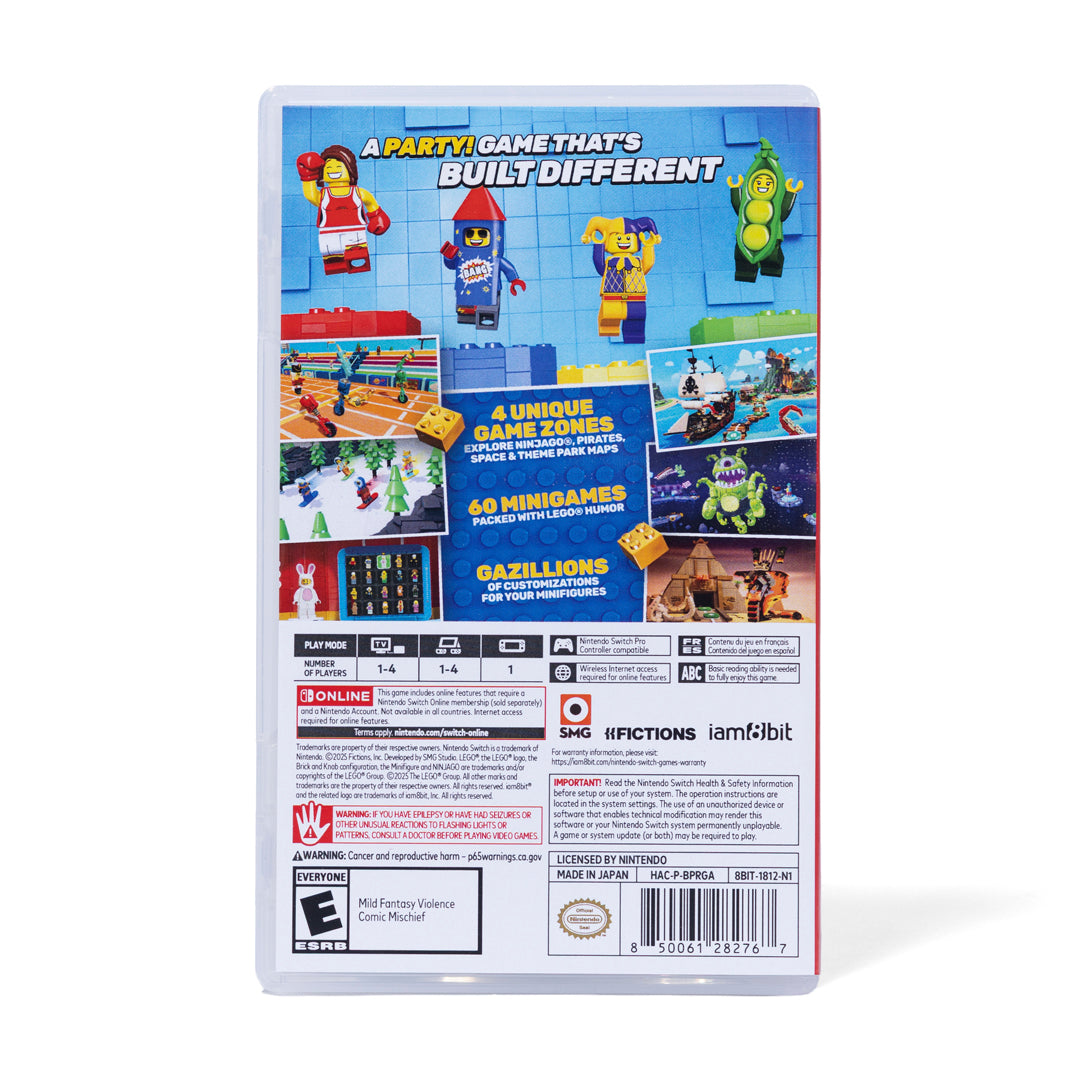 Lego Party back cover of a video game packaging with colorful illustrations and text on a white background