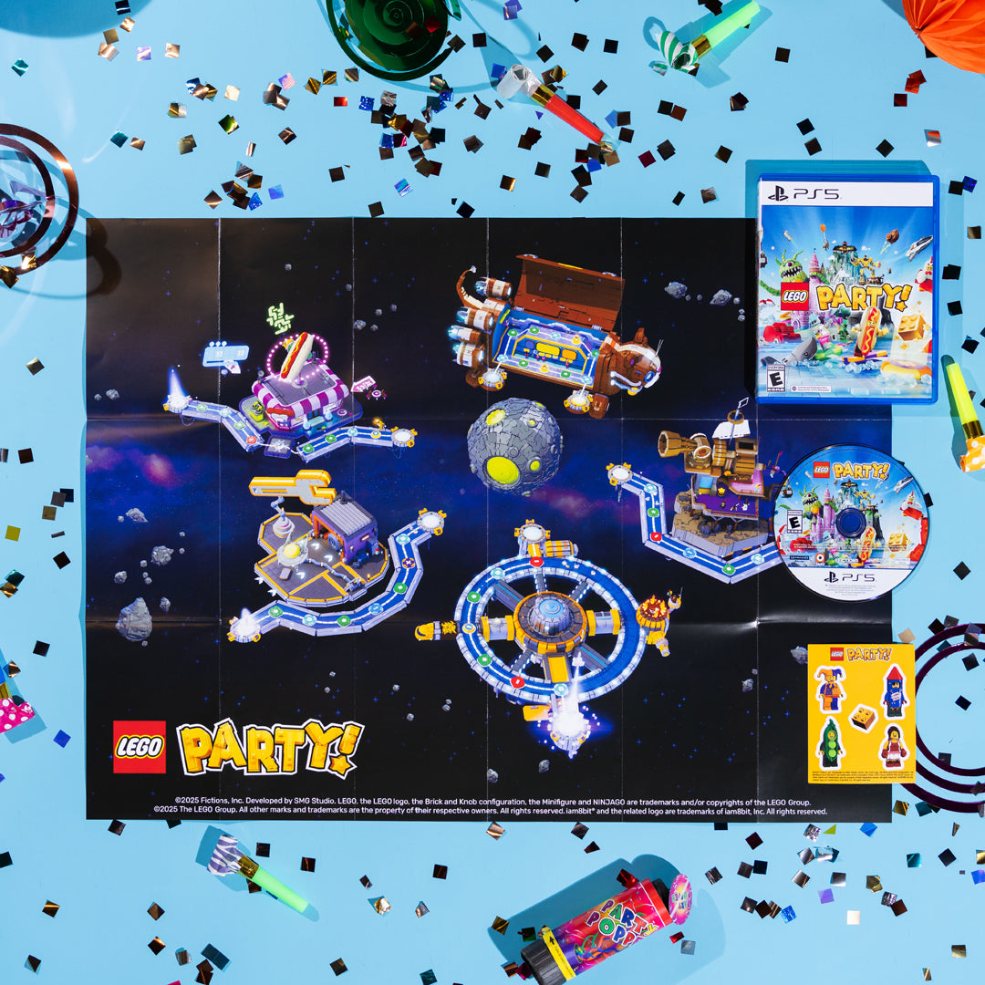 LEGO Party Lifestyle display with various models on a space-themed background poster