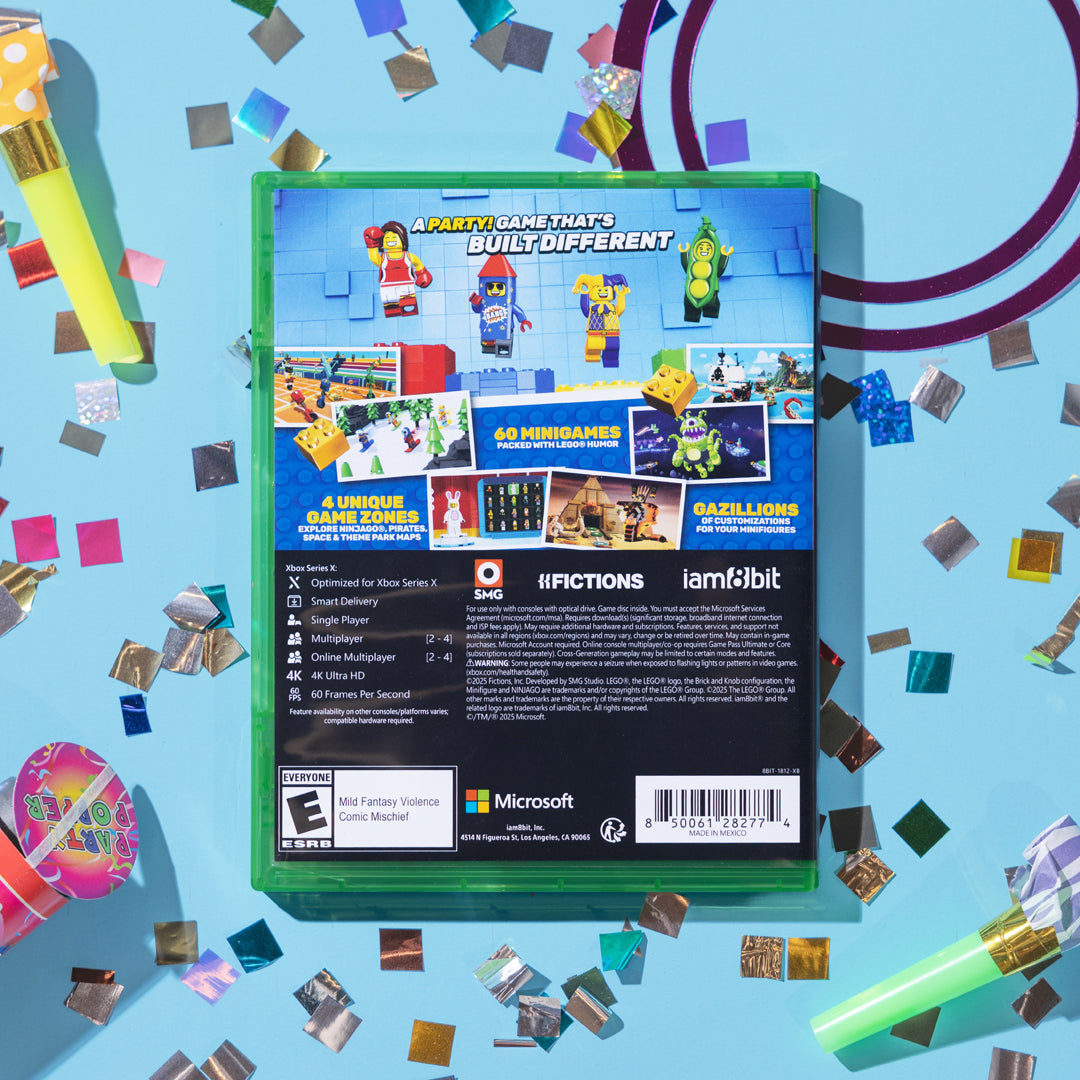 Video game box with colorful confetti on a blue background