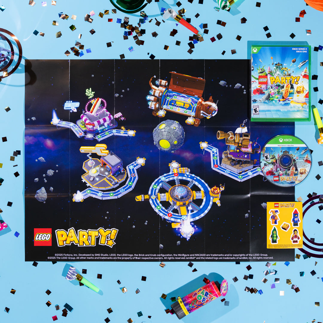 LEGO Party Lifestyle display with various models on a space-themed background poster