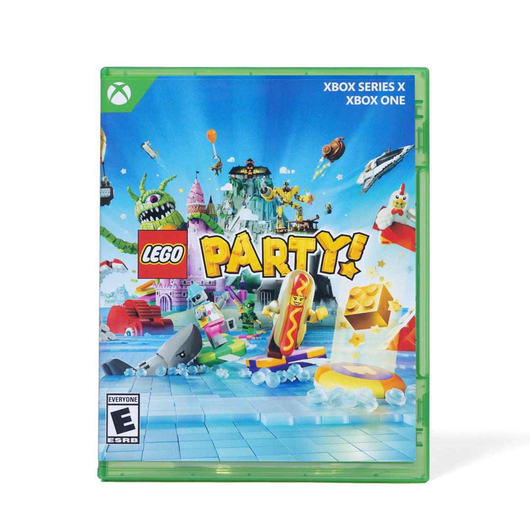 Game box for 'LEGO Party!' on Xbox Series X and Xbox One with colorful design and LEGO characters.