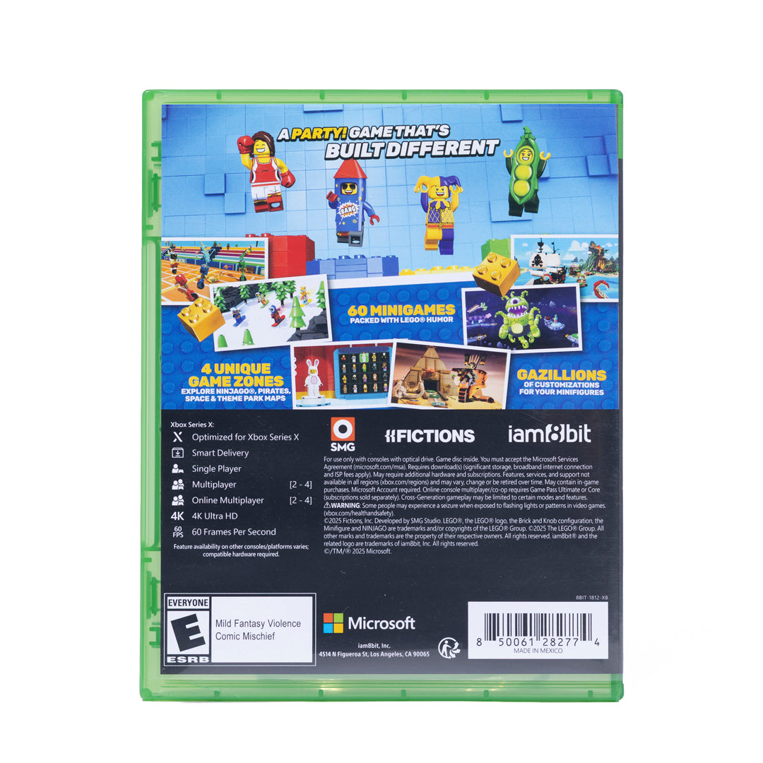 Lego Party Game Xbox back view with colorful graphics and text on a white background