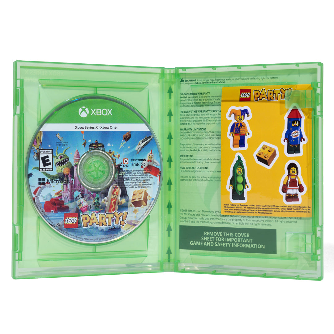 Xbox game disc in a green case with LEGO Party branding